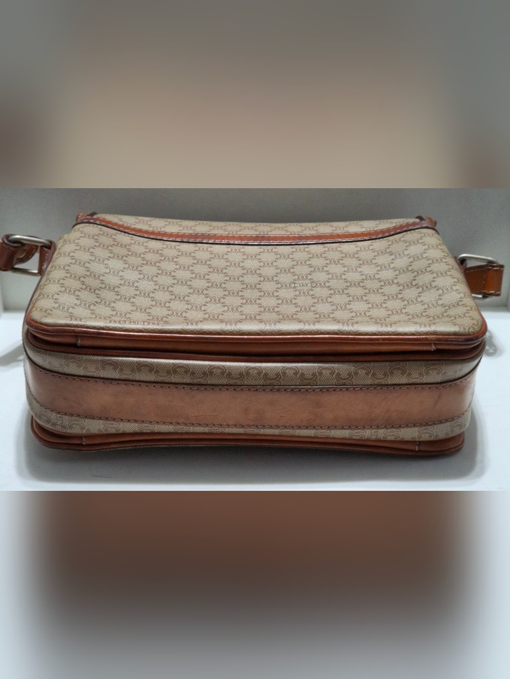 CELINE Macadam Brown Leather Trim Crossbody Shoulder Purse Bag PVC Canvas Beige - Picture 9 of 16